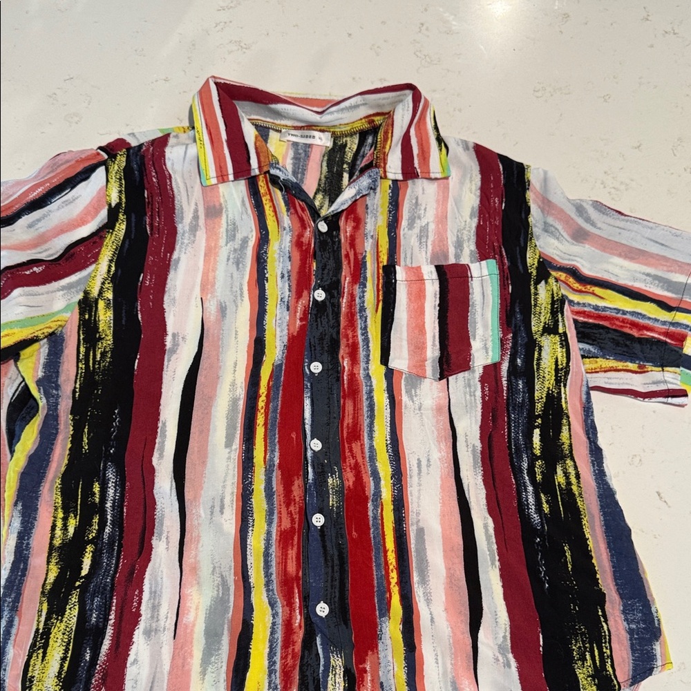 Colorful Striped Button-Up Shirt 90s vibe